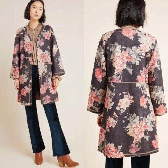 Anthropologie Solitaire Emilie Floral Faux Sueded Kimono Open Jacket S Black Pin - Picture 2 of 13